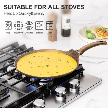 Innerwell Nonstick Crepe Pan, Granite Coating Flat Skillet Dosa Tawa Tortilla Pan, 10 inch Pancake Griddle Roti Pan With Stay-Cool Handle, Induction Compatible, PFOA Free - CookCave