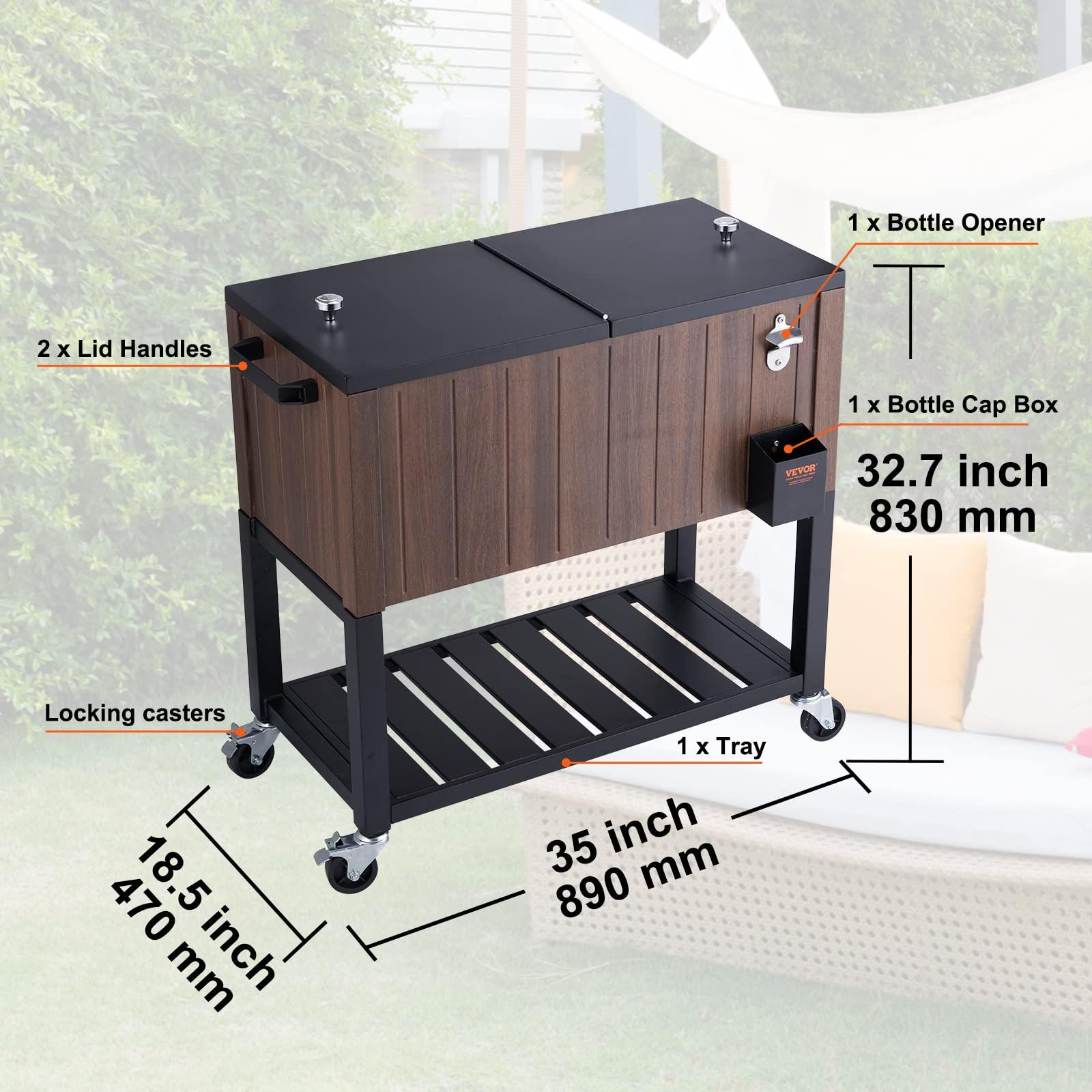 VEVOR Rolling Ice Chest Cooler Cart 80 Quart, Portable Bar Drink Cooler, Beverage Bar Stand Up Cooler with Wheels, Bottle Opener, Handles for Patio Backyard Party Pool, Wooden Teak Accent, Brown - CookCave