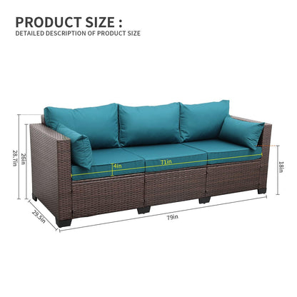 Valita 3-Seat Patio PE Wicker Couch Furniture Outdoor Brown Rattan Sofa with Washable Peacock Blue Cushions - CookCave