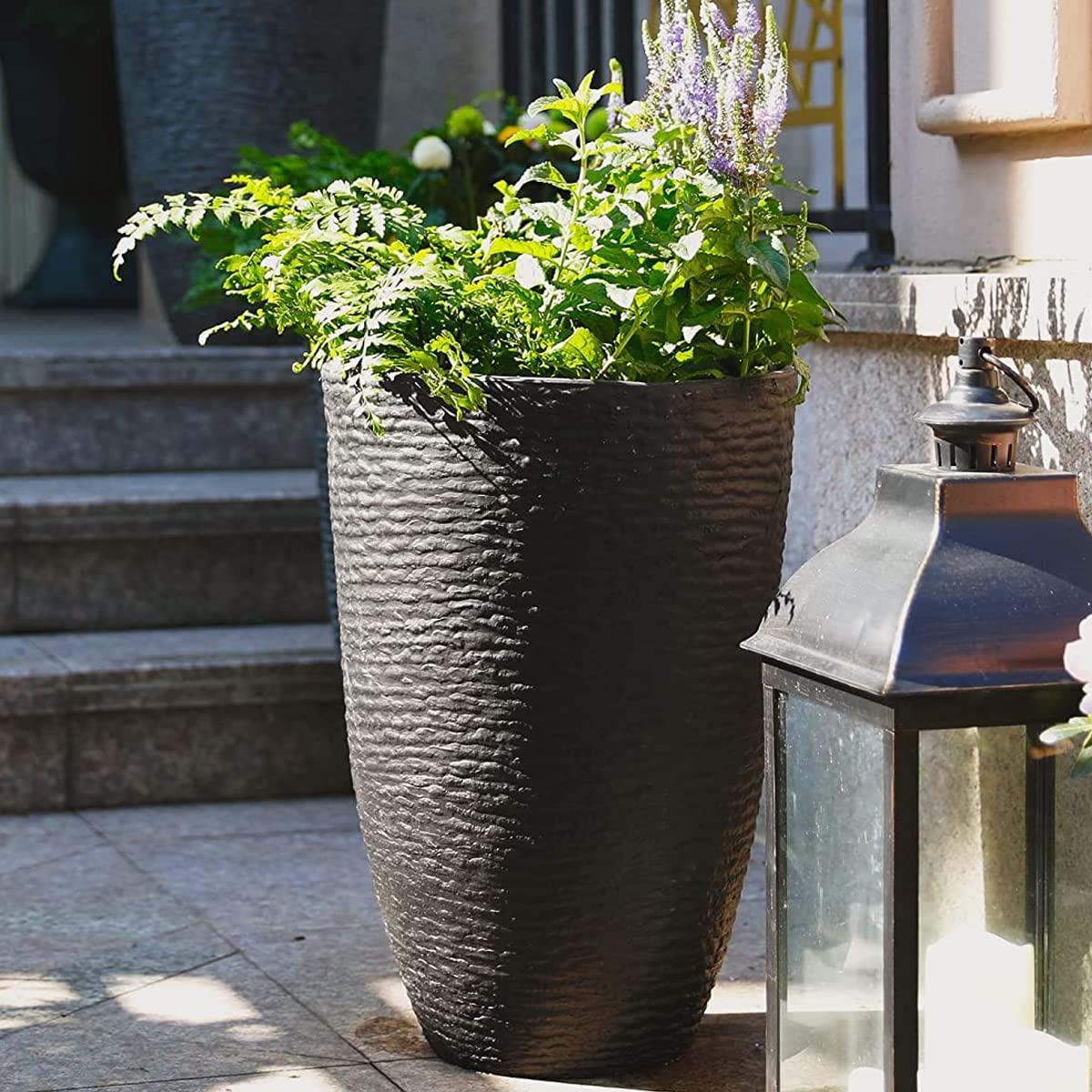 Worth Garden 21" H Tall Planters 2 Pack - 14'' Dia Resin Large Round Black Flower Pots for Outdoor Plants Trees - Imitation Stone Finish Plastic Indoor Front Porch 9 Gallon Decorative Container Patio - CookCave
