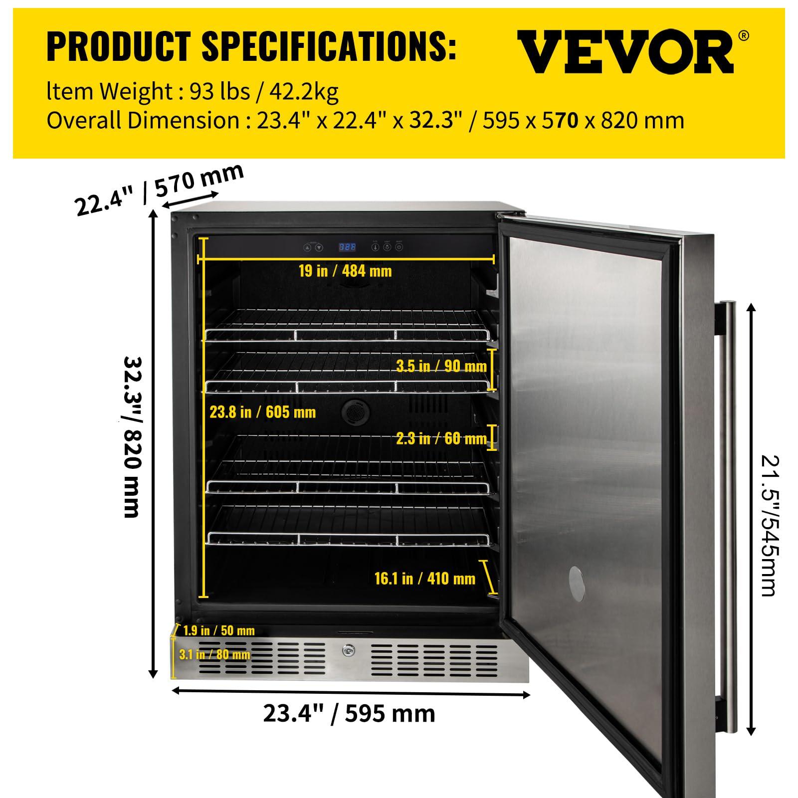 VEVOR 24'' Built-in Beverage Cooler, 5.3 cu.ft. Stainless Steel Beverage Refrigerator w/Embraco Compressor, 142 Can Beer Fridge for Home Bar Office Outdoor Indoor Use, 150L, Black & Silver - CookCave