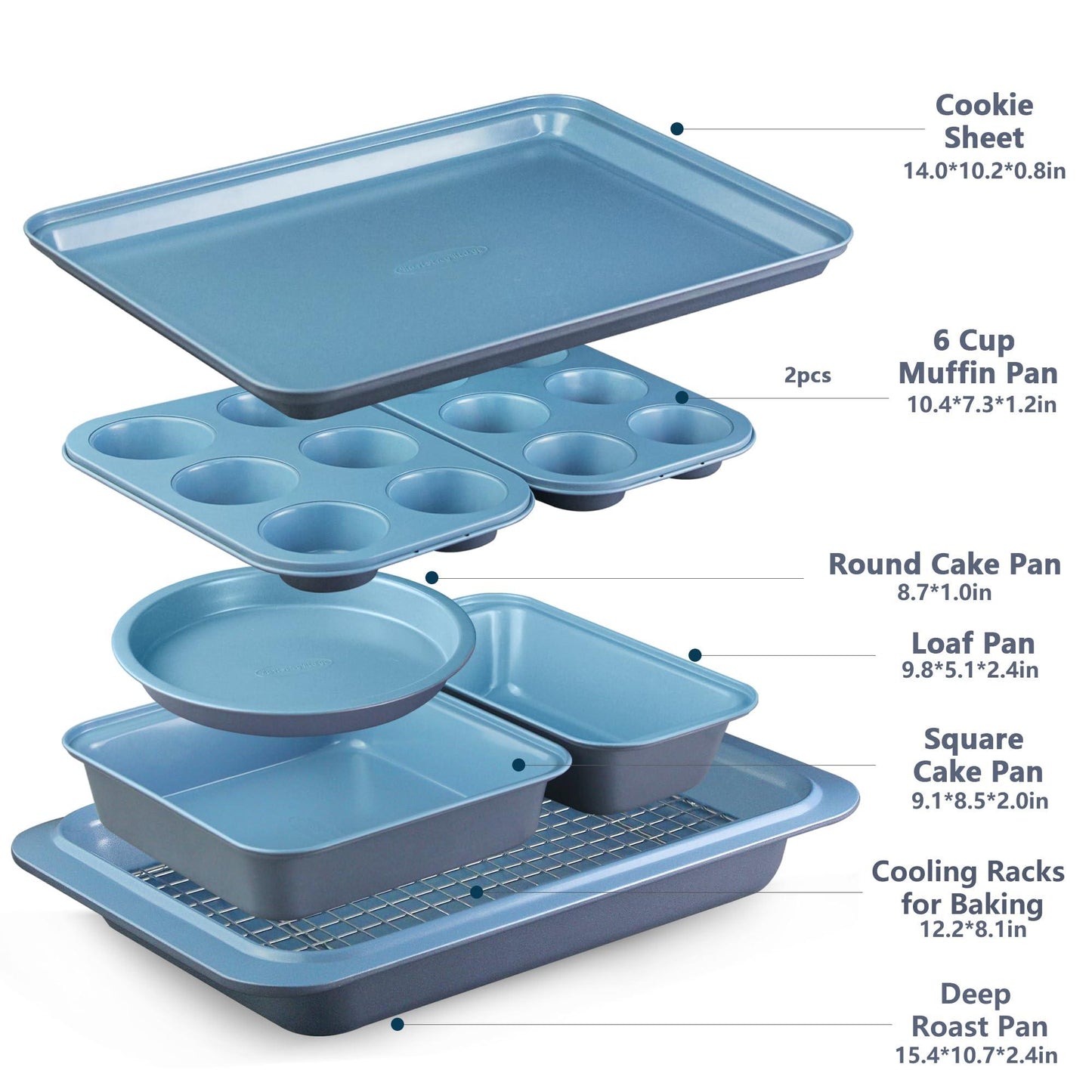 RavisingRidge Baking Pans Set with Nonstick Coating - UltraThick Professional 8-Piece Bi-Color Pans including Cookie Sheet, Muffin, Cake Pans, and Cooling Rack - Heavy Duty, Dishwasher Safe - CookCave