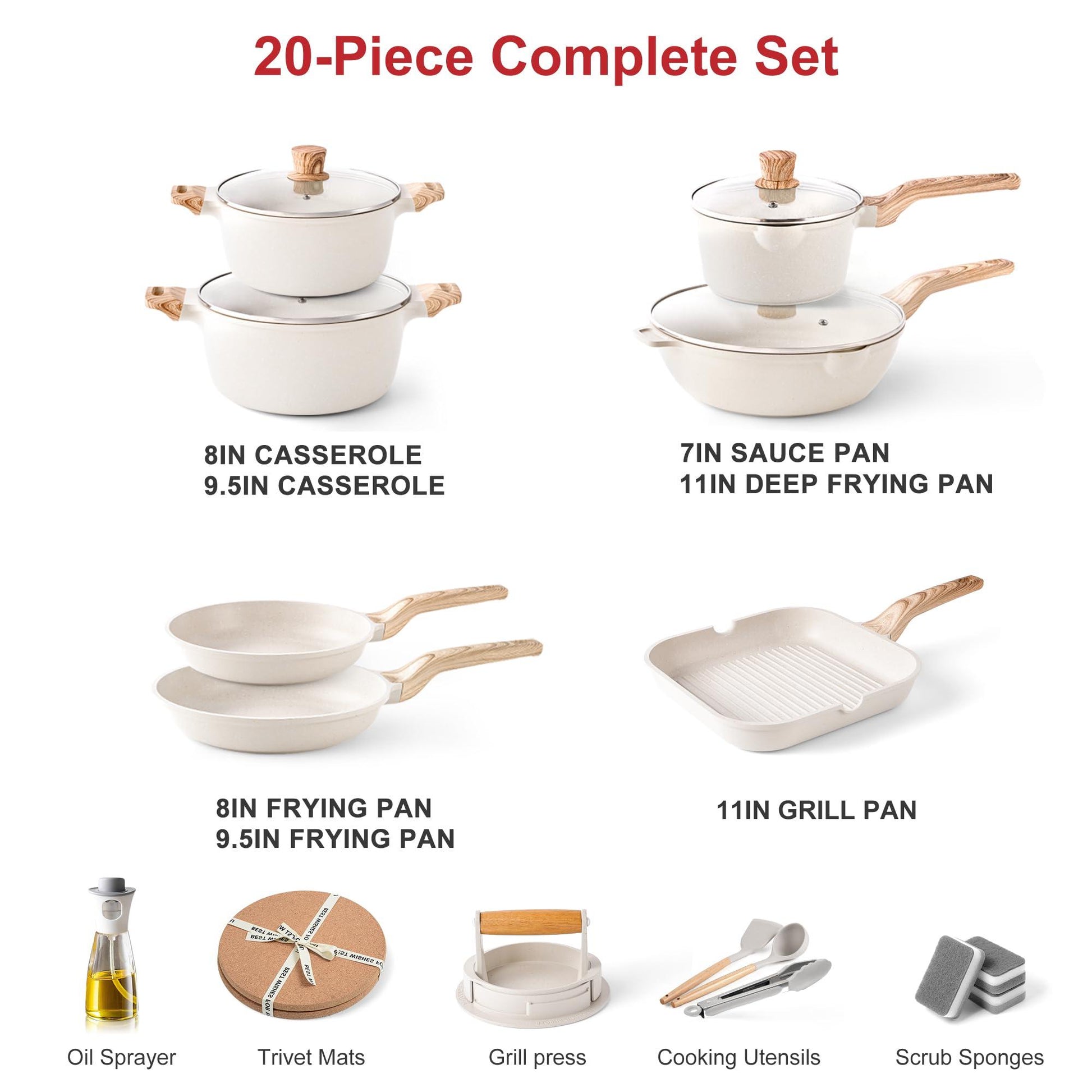 Caannasweis Marble Stone Nonstick Cookware Set - Granite Frying Pans for Kitchen Cooking Essentials (Grill Pan Beige) - CookCave