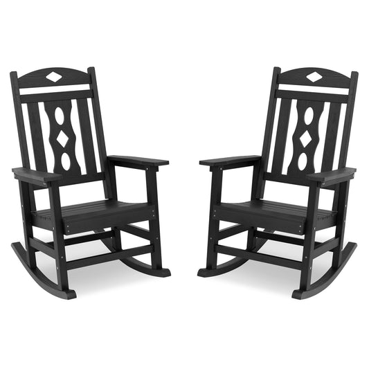 Cozyman Outdoor Rocking Chairs Set of 2, All Weather Resistant Porch Rocker Chairs with High Back, 350Lbs Support, HDPS Composite Rocking Chair for Backyard, Patio, Garden, Indoor, Black - CookCave