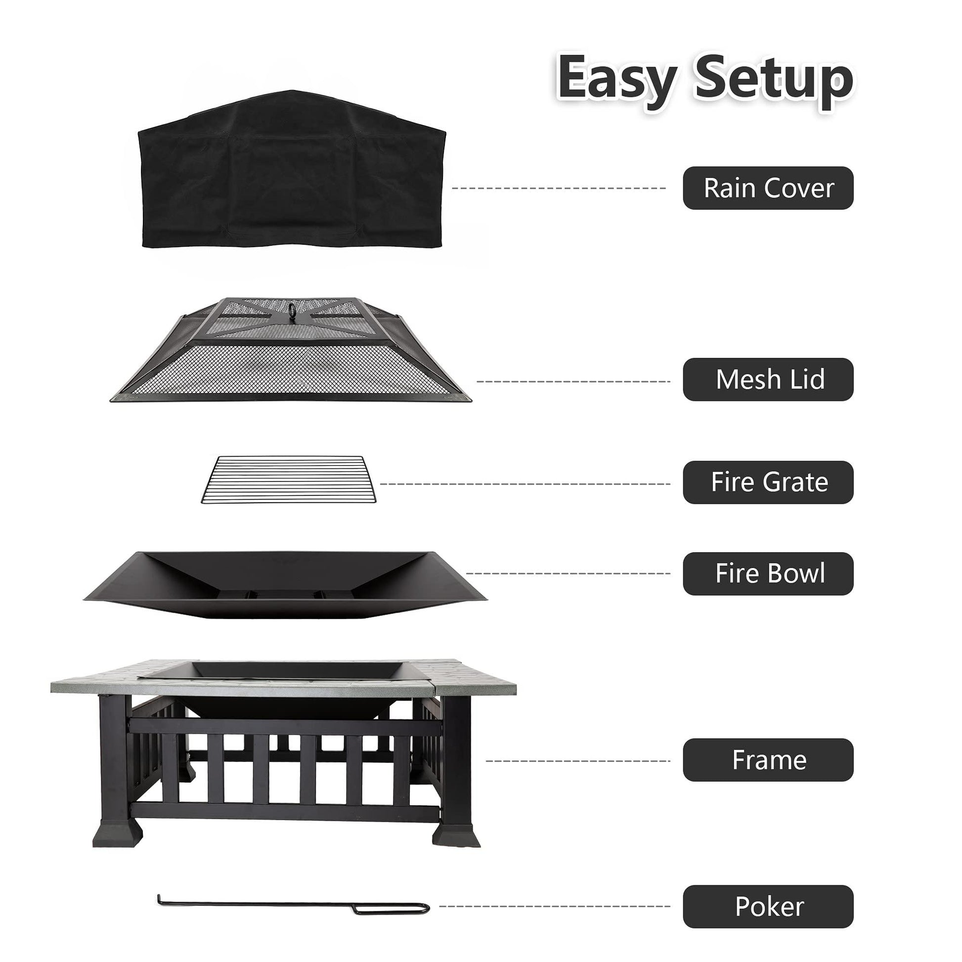 4-in-1 Fire Pit Table for Outside, 32'' Fire Pit Grill Outdoor Wood Burning with Fire Poker,Lid&Rain Cover,Square Bonfire Pits Stove for Camping Patio BBQ Balcony Beach Backyard Heating - CookCave