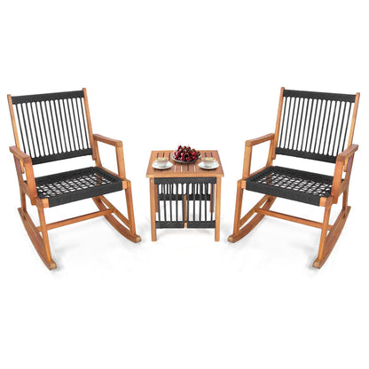 Tangkula 3 Pieces Acacia Wood Rocking Bistro Set, All-Weather Rope Woven Patio Furniture Set with Coffee Table, Outdoor Conversation Set for Front Porch, Deck, Balcony (Black & Natural) - CookCave