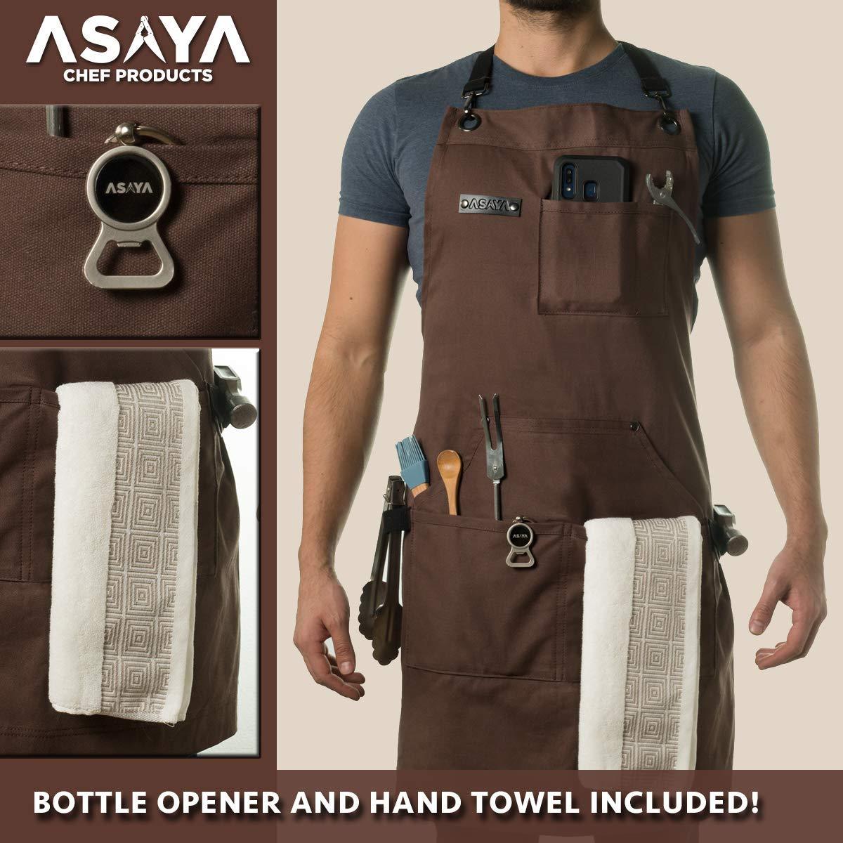 Asaya Chef, BBQ and Work Apron with Bottle Opener and Hand Towel - Durable 10oz Cotton Canvas, Brass Hardware and Cross Back Straps - For Men, Women, Grilling, and Cooking (Brown) - CookCave