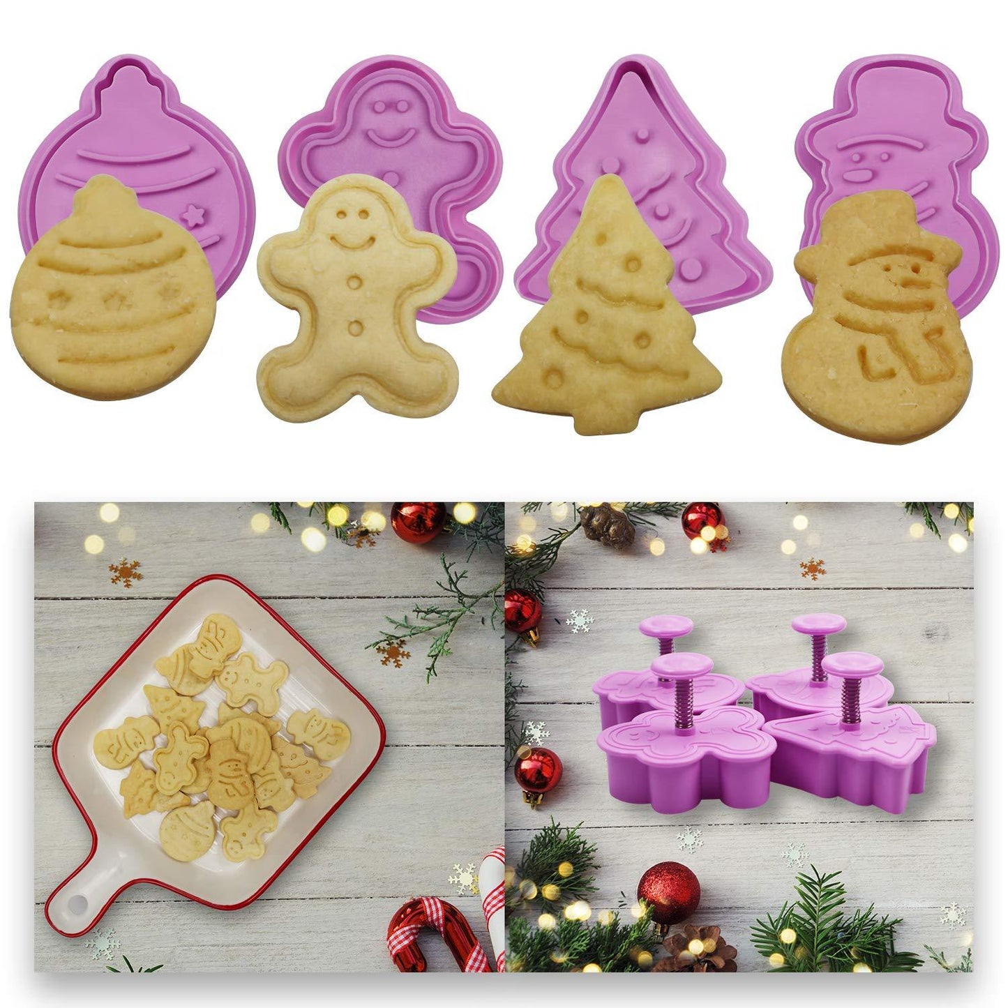 Mini 3D Christmas Cookie Cutters Set, Christmas Holiday Fondant Biscuit Pastry Cookie Cutter Stamp, Xmas Spring-loaded Handle Cutter Shape with Santa, Christmas Tree, Bell, Gingerbread Man (4 PCS) - CookCave