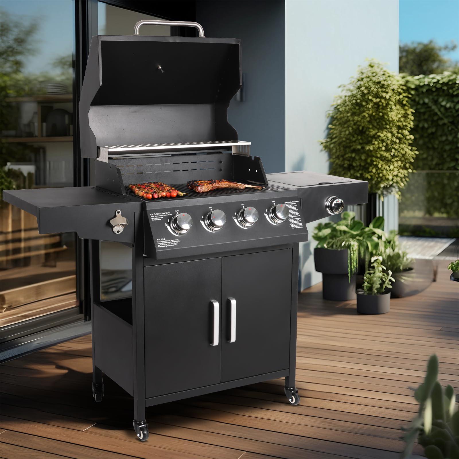 Propane Gas Grill Steel Grill Cart with 4 Burners, Side Burner, Side Table Outdoor Cooking Barbecue Grill - CookCave