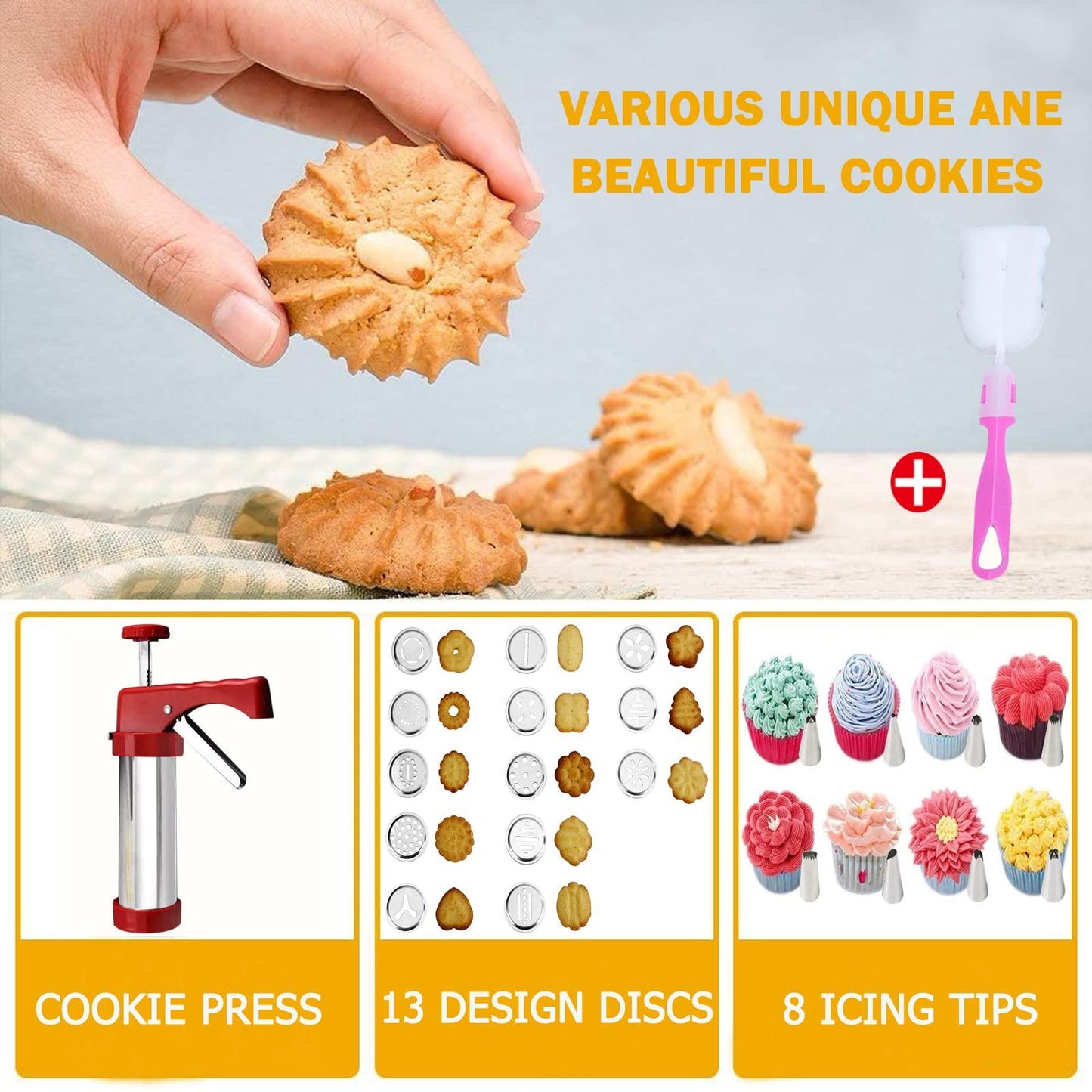 Cookie Press,Classic Stainless Steel Spritz Cookie Press for Baking,Cookie Press Gun,Featuring 13 Decorative Stencil Discs and 8 Icing Tips,Deluxe Cookie Maker - CookCave