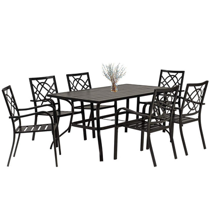 SOLAURA 7-Piece Outdoor Patio Dining Set, 6 Person Garden Dining Set Furniture with Slat Table Top/Backyard Stacked Chairs, 1.57" Umbrella Hole (Black) - CookCave