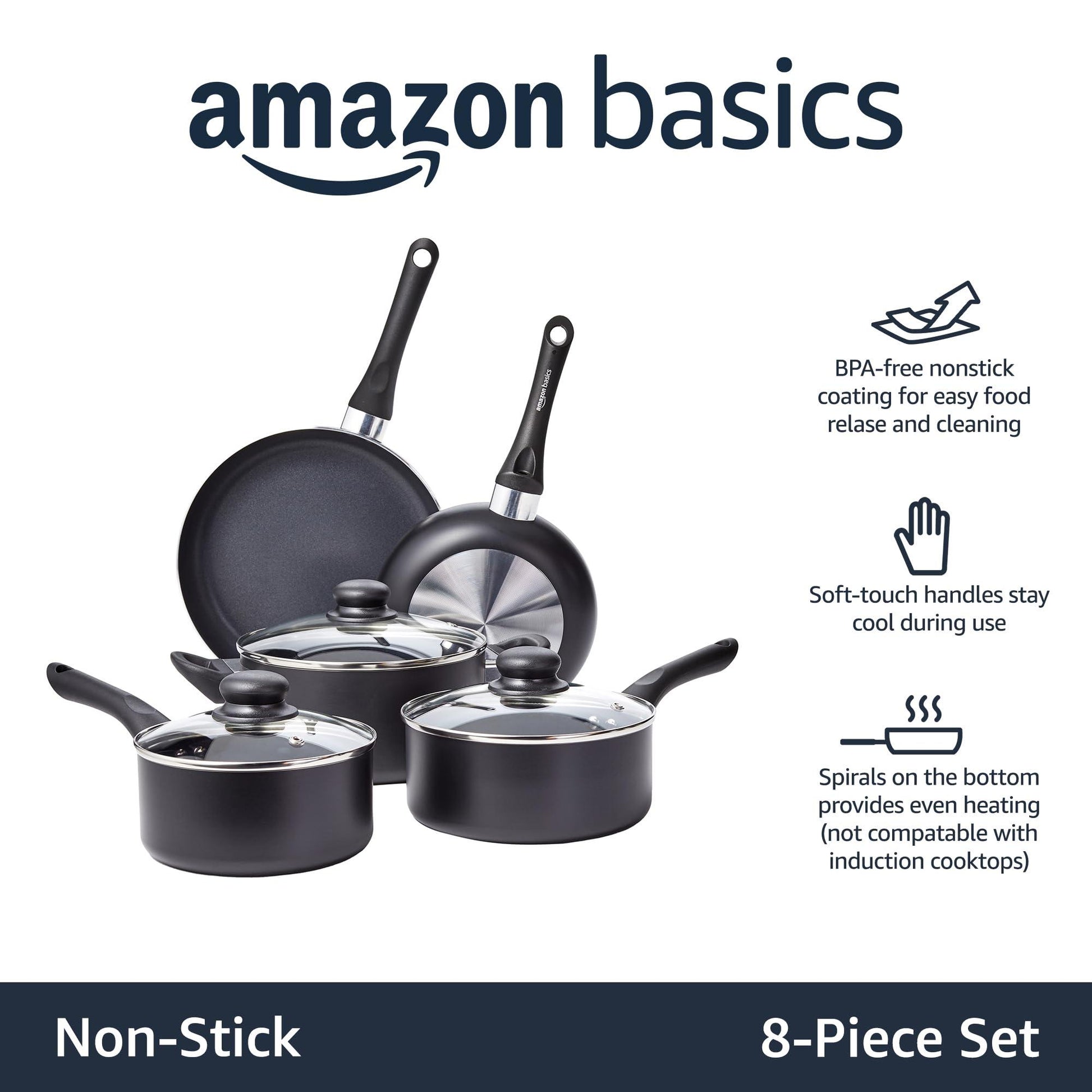 Amazon Basics Non-Stick Cookware 8-Piece Set, Pots and Pans, Black - CookCave