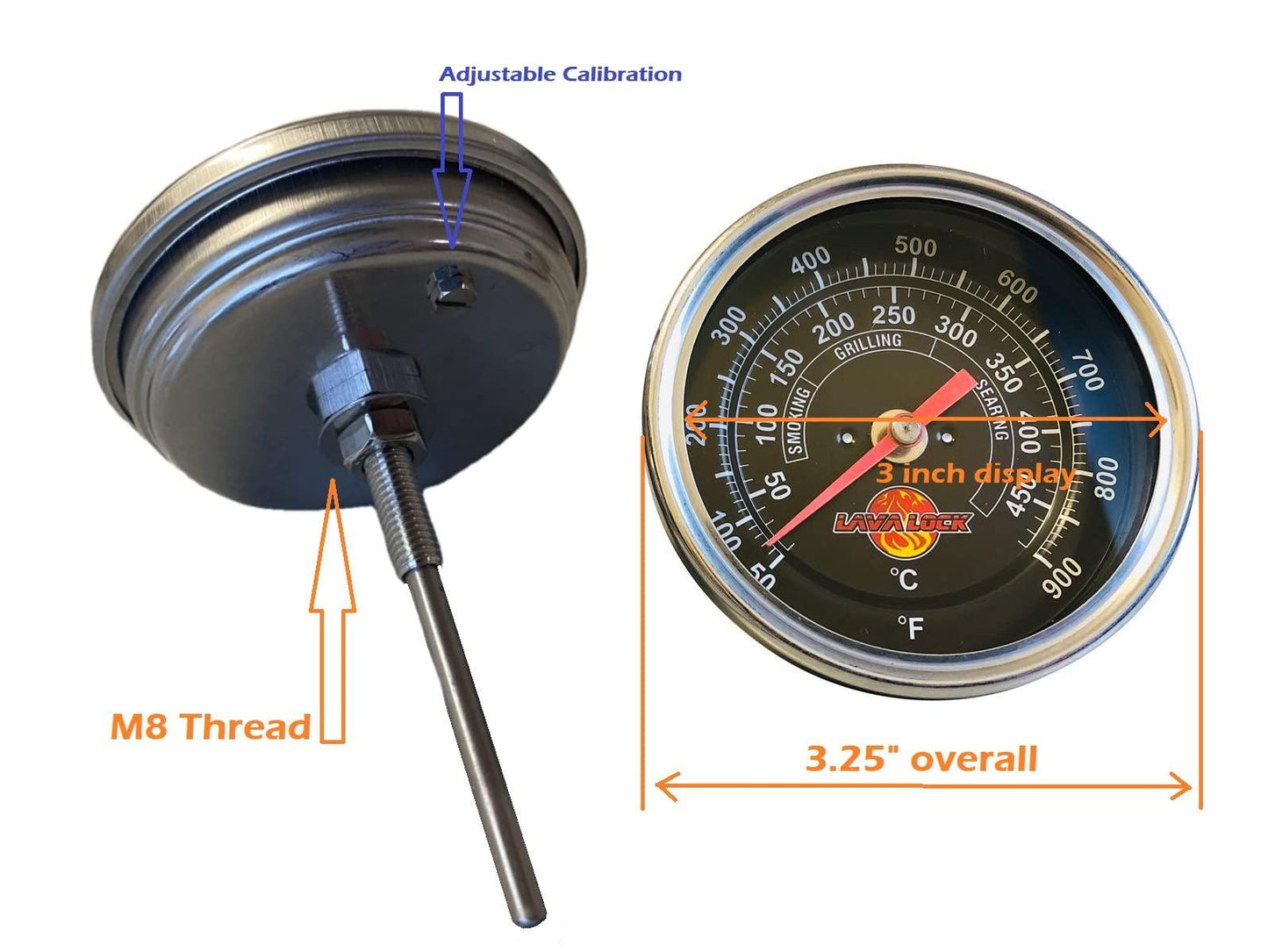 Black Face BBQ Grill Thermometer 50F-900F High Temp Range Heavy Duty Premium Quality Smoker Thermo 2 Inch or 3" with M8 or 1/2 NPT Thread - CookCave