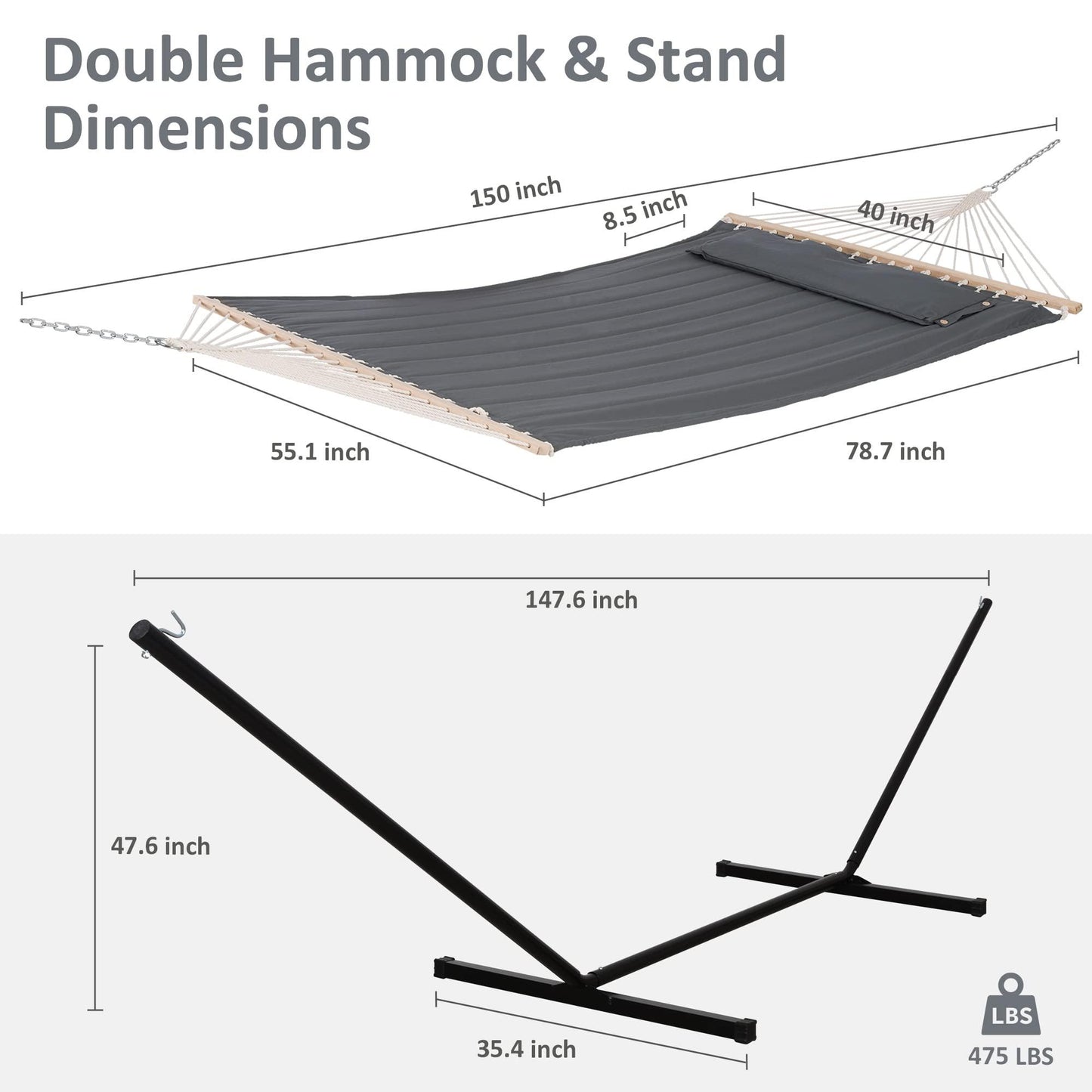 SUNCREAT 2 Person Hammock with Stand, Heavy Duty Portable Hammocks, 450 lbs Capacity, Dark Grey - CookCave