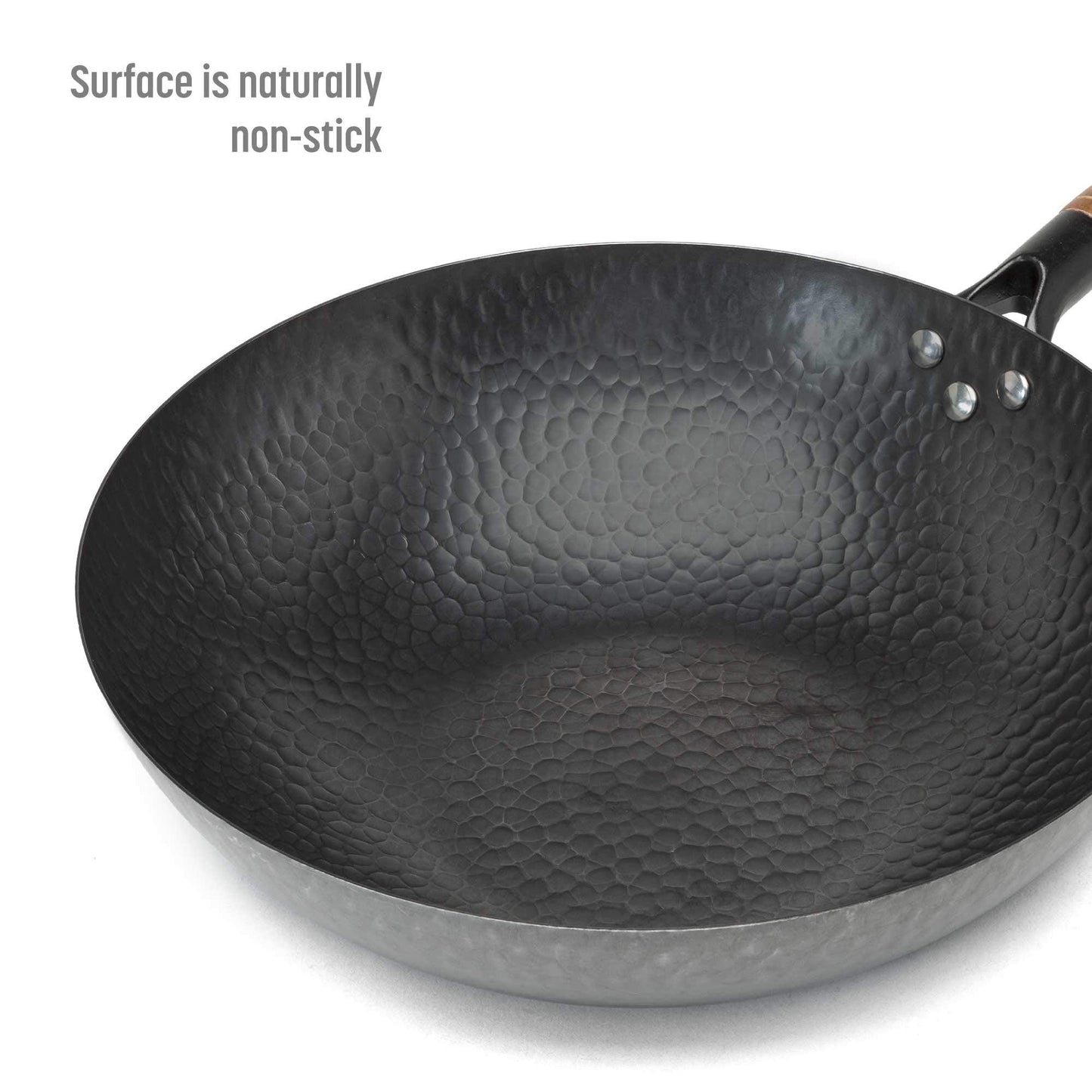 Goodful Hammered Carbon Steel 13-Inch Wok Pan with Lid, Black, Non-Stick, Compatible with Most Cooktops - CookCave