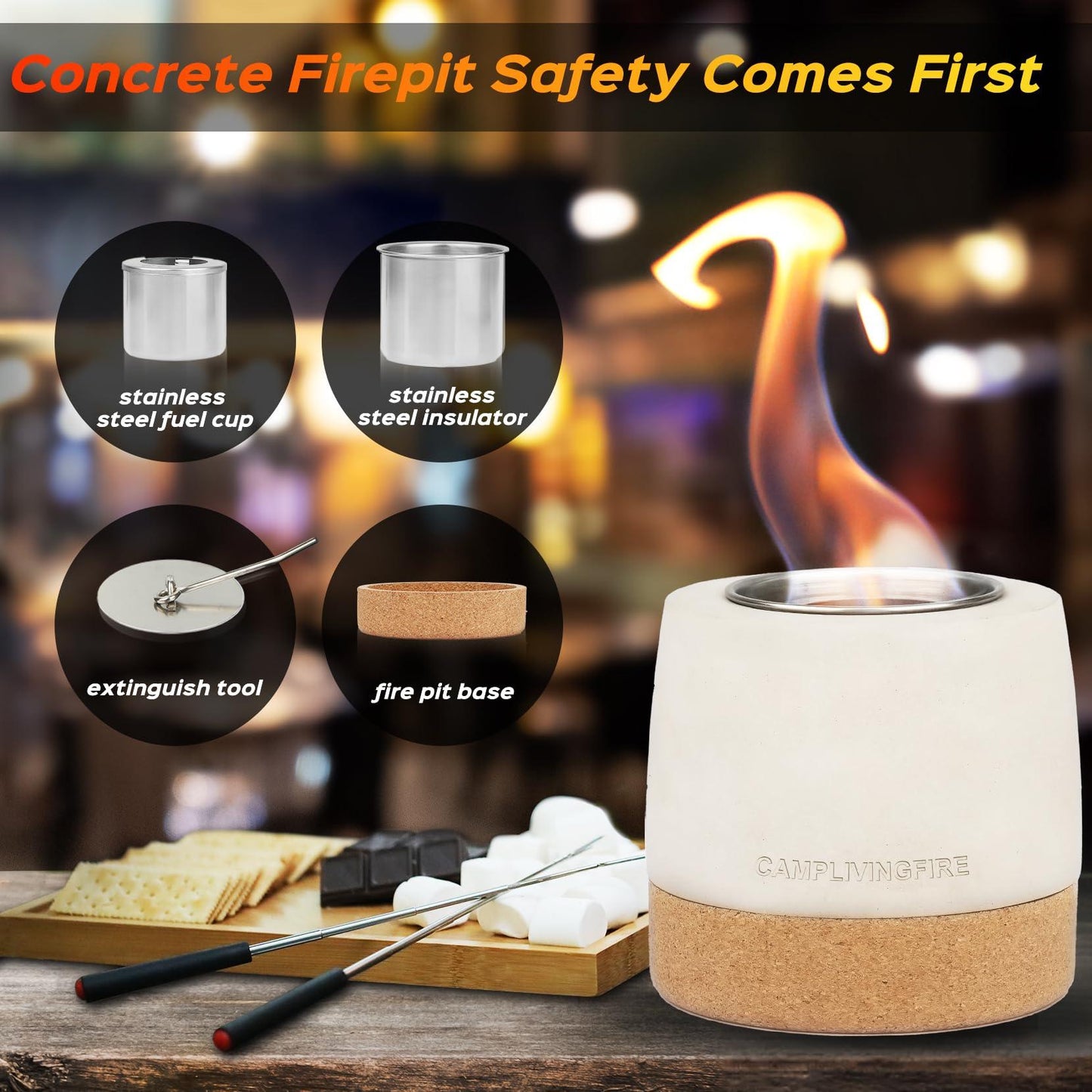 Tabletop Fire Pit, Round Concrete Smokeless Smores Fire Pit Table Top as Smores Maker Kit, Dual Burner Cups Rubbing Alcohol Table Top Firepit for Indoor & Patio - CookCave