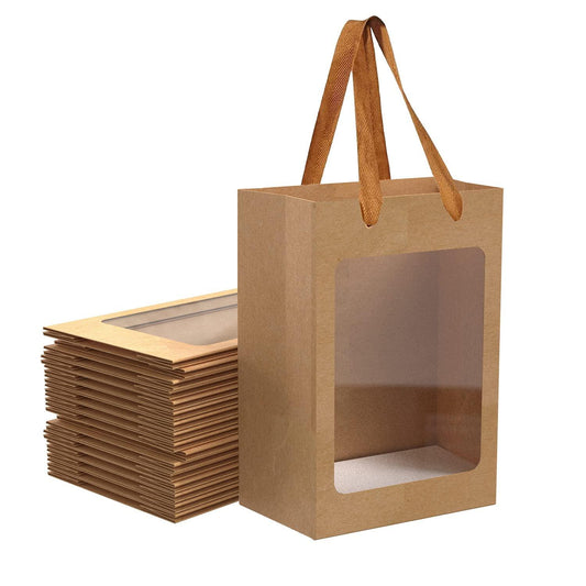 12 Pcs Brown Paper Gift Bags with Transparent Window, 9.84"x7.0"x5.12" Kraft Shopping Bags with Handles for Present, Festivals Party - CookCave