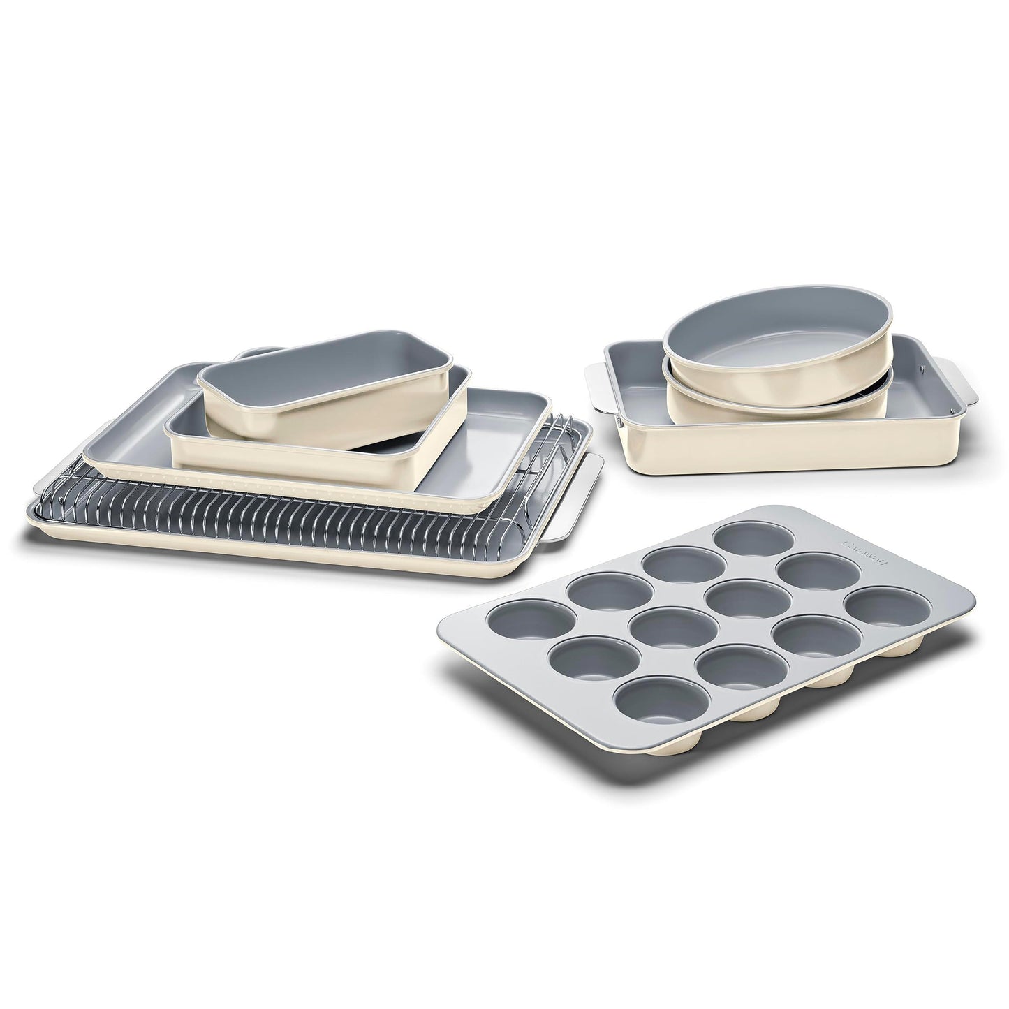 Caraway Nonstick Ceramic Bakeware Set (11 Pieces) - Baking Sheets, Assorted Baking Pans, Cooling Rack, & Storage - Aluminized Steel Body - Non Toxic, PTFE & PFOA Free - Cream - CookCave