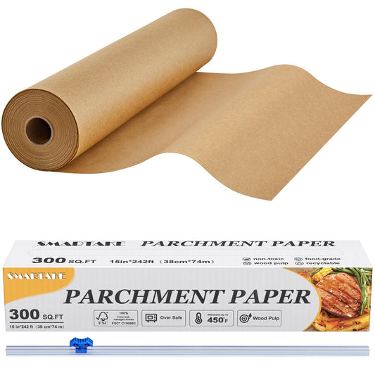 SMARTAKE Parchment Paper Roll for Baking, 15 in x 242 ft, 300 sq.ft, Non-Stick Baking Paper Sheets with Slide Cutter, Heavy Duty Extra Long, for Kitchen Baking Cooking Grilling Steaming, Unbleached - CookCave