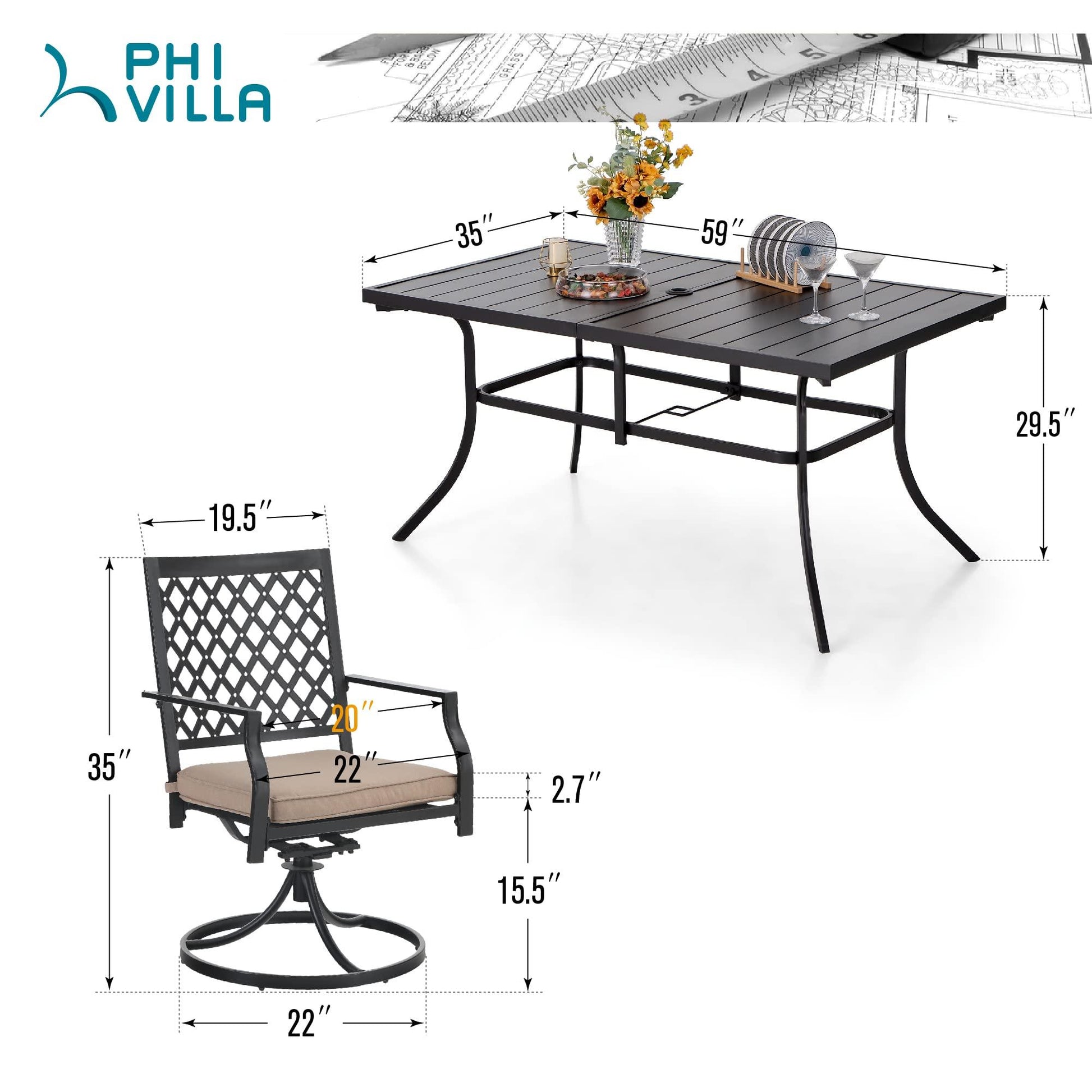 PHI VILLA Outdoor Patio Dining Set 7 Pieces Metal Furniture Set, 6 x Swivel Chairs with 1 Rectangular Umbrella Hole Table for Ourdoor Backyard Bistro with Cushion - CookCave