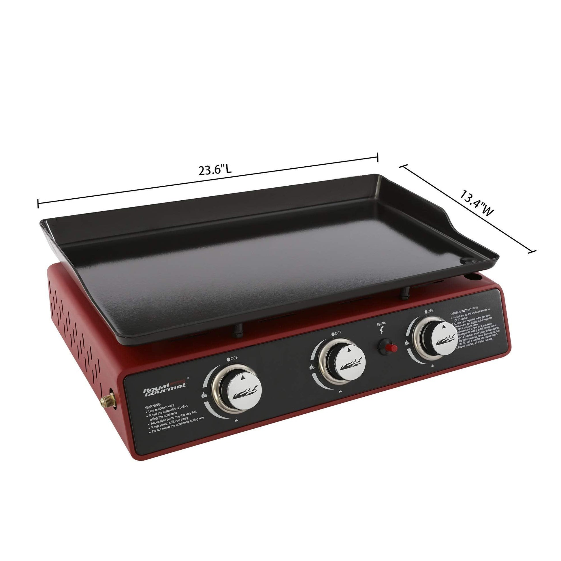 Royal Gourmet PD1301R Portable 24-Inch 3-Burner Table Top Gas Grill Griddle with Cover, 25,500 BTUs, Outdoor Cooking Camping or Tailgating, Red - CookCave