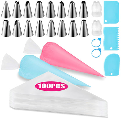 Piping Bags and Tips Set, Cakes Decorating Supplies Kit with 100pcs 12 Inch Pastry Bags, 16 Piping Tips, 3 Cake Scraper, 2 Couplers, 2 Bag Ties, Simple and Convenient Baking Supplies Set - CookCave