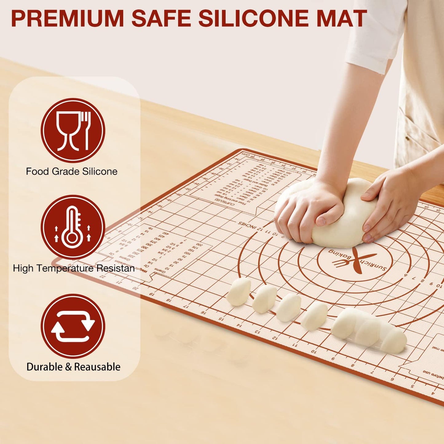 Silicone Baking Mat, Non Stick Pastry Mat with Measurement,26" x 16" Extra Thick Large Rolling Dough Mat Sheet, Counter Mat,Food Grade Pizza, Fondant, Macarons,Cookies Mat, Baking Supplies for kitchen - CookCave