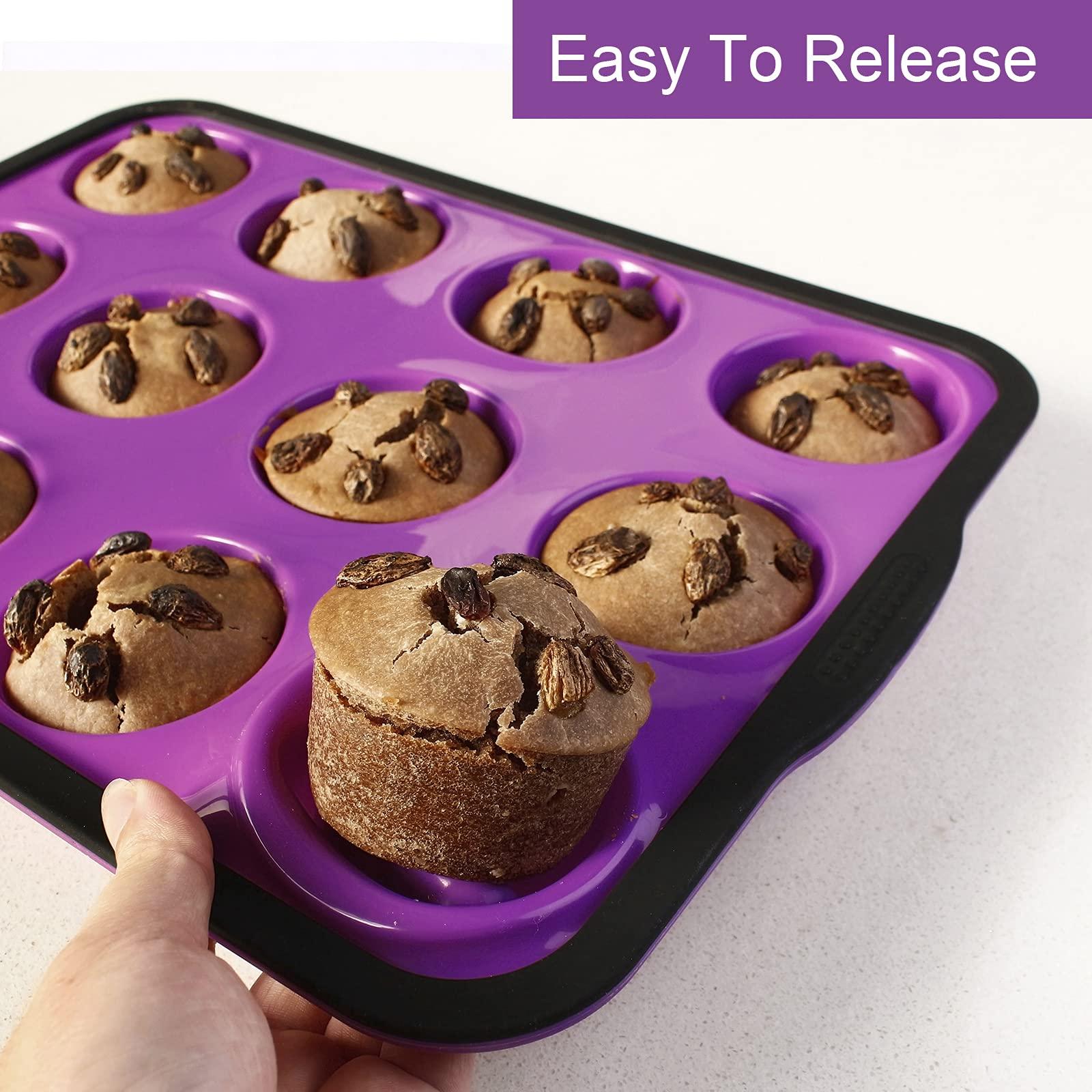 Aichoof Non-Stick Silicone Muffin Pan With Reinforced Stainless Steel Frame Inside,12 Cup Regular Muffin Baking Mold, 12 Cup Muffin Tin, BPA Free,Dishwasher Safe, Purple - CookCave