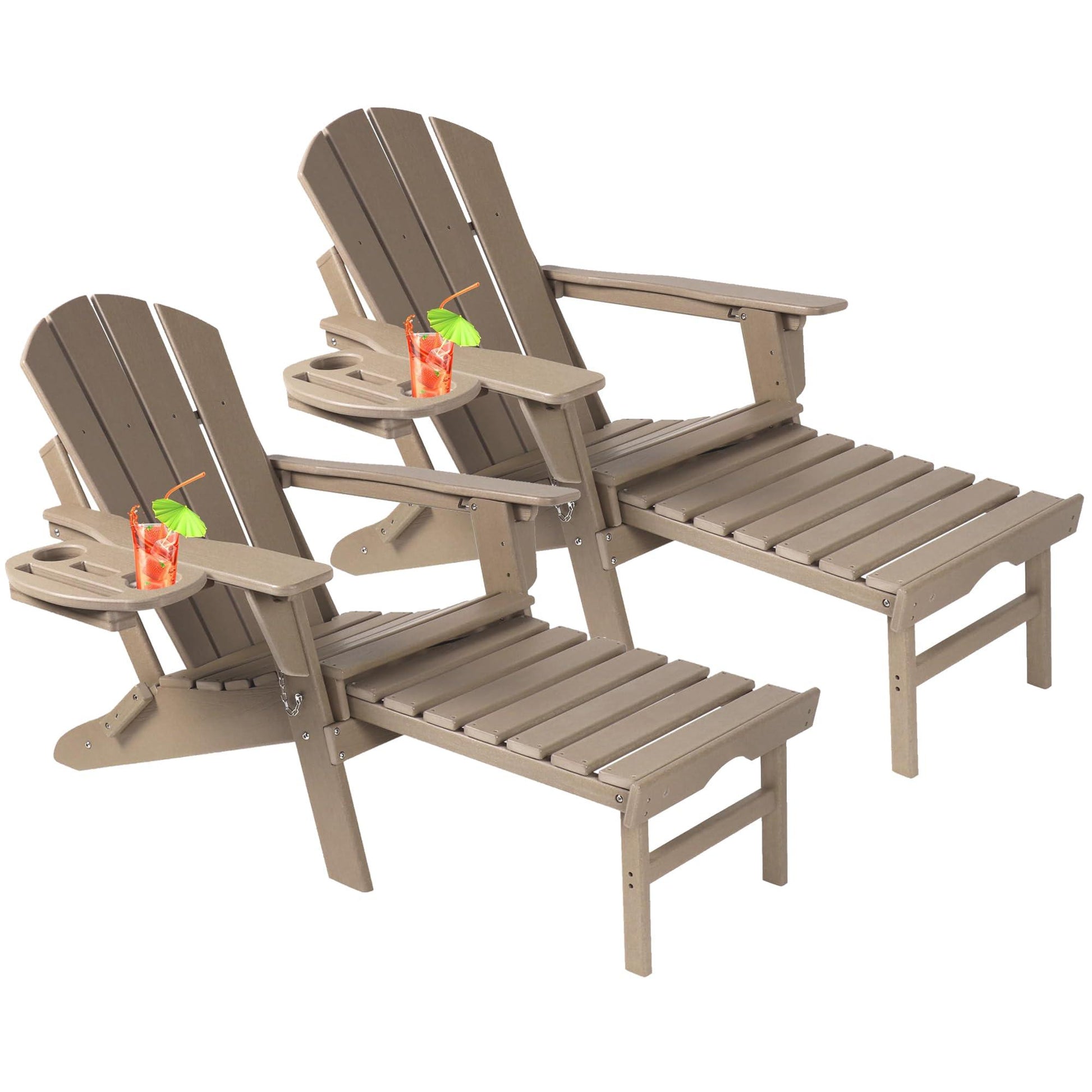 NAVINE Adjustable Backrest Adirondack Chair Set of 2, Folding Adirondack Chairs, Plastic Adirondack Chairs with Ottoman with 4 in 1 Cup Holder Trays for Deck, Terrace, Patio, Poolside. (Brown) - CookCave