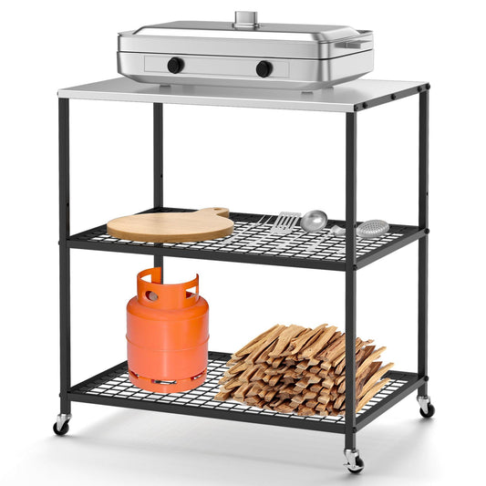 Homezelle Outdoor Grill Cart Three-Shelf Grill Table with Wheels Stainless Steel Movable Pizza Oven Stand Trolley Food Prep and Work Cart Table 31.5"×24"×35.5" - CookCave