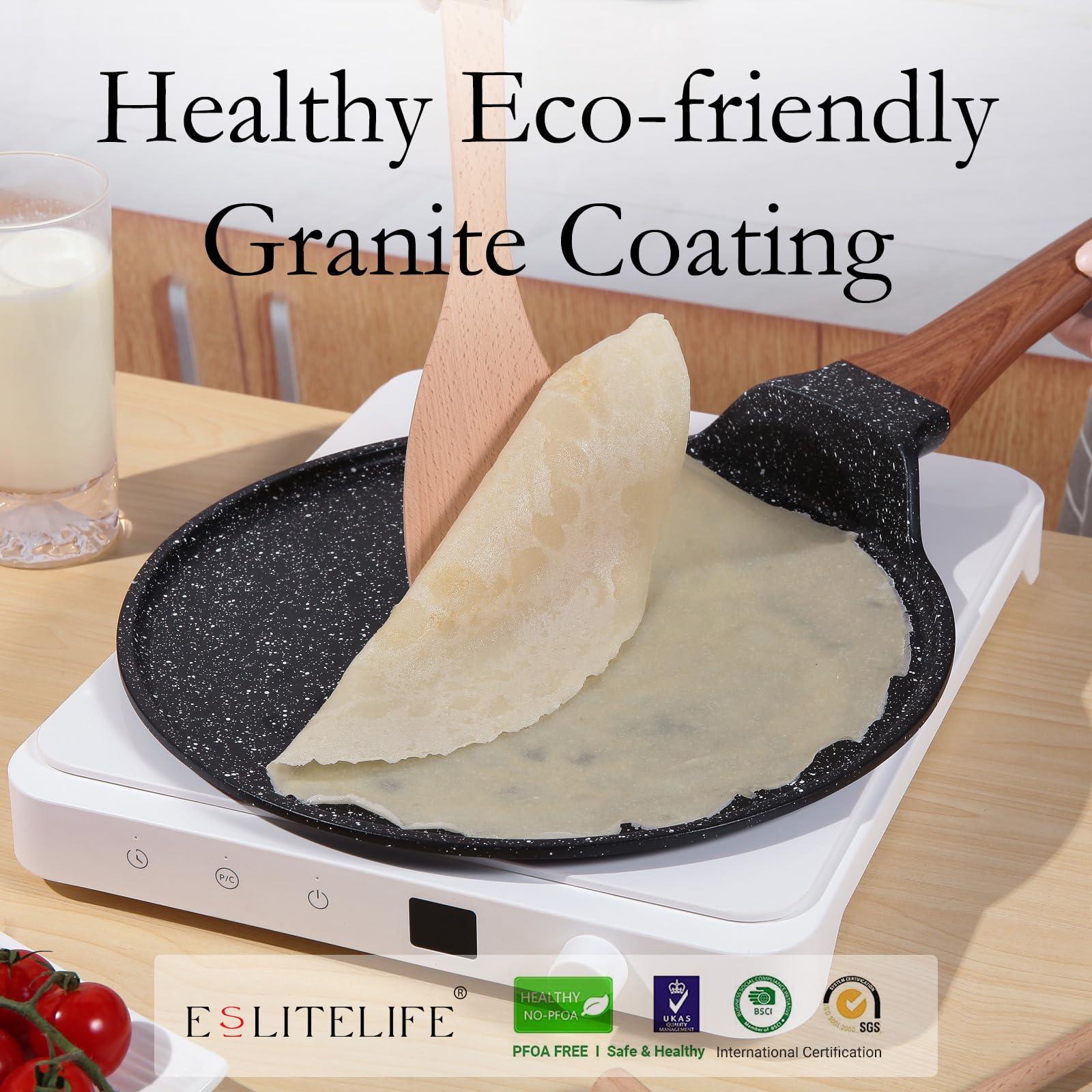 ESLITE LIFE Nonstick Crepe Pan with Spreader, 9.5 Inch Granite Coating Flat Skillet Tawa Dosa Tortilla Pan, Compatible with All Stovetops (Gas, Electric & Induction), PFOA Free, Black - CookCave