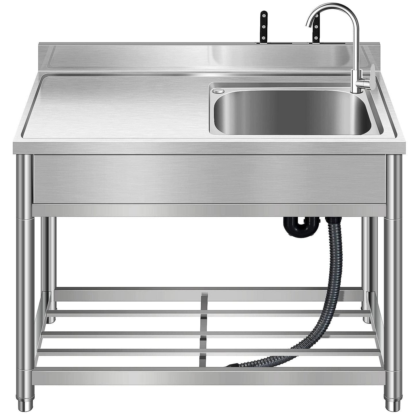 Free Standing Stainless-Steel Single Bowl Commercial Restaurant Kitchen Sink Set w/Faucet & Drainboard, Prep & Utility Washing Hand Basin w/Workbench & Storage Shelves Indoor Outdoor (39 in) - CookCave