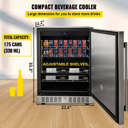 VEVOR 24'' Built-in Beverage Cooler, 5.3 cu.ft. Stainless Steel Beverage Refrigerator w/Embraco Compressor, 142 Can Beer Fridge for Home Bar Office Outdoor Indoor Use, 150L, Black & Silver - CookCave