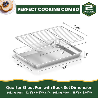 Fire More Baking Sheet and Cooling Rack Set, 2PCS Stainless Steel Cookie Sheets for Baking with Baking Rack, Size 12 x 10 x 1 Inch, Non Toxic & Heavy Duty & Easy Clean Baking Pan Tray for Toaster Oven - CookCave