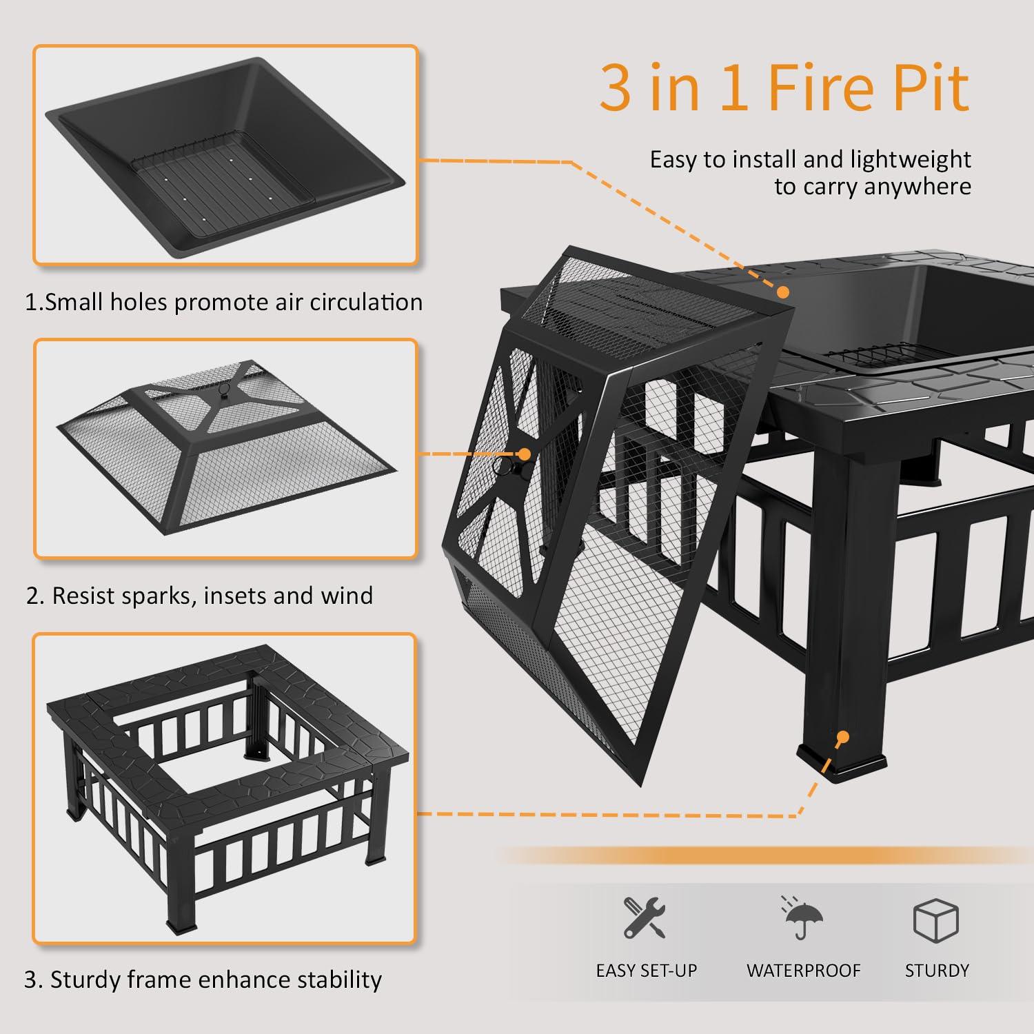 Flamaker Outdoor Fire Pit 32 Inch Patio Square Metal Firepit with Cover Poker & Grate Wood Burning Fireplace Backyard Stove for Outside Heating Camping - CookCave