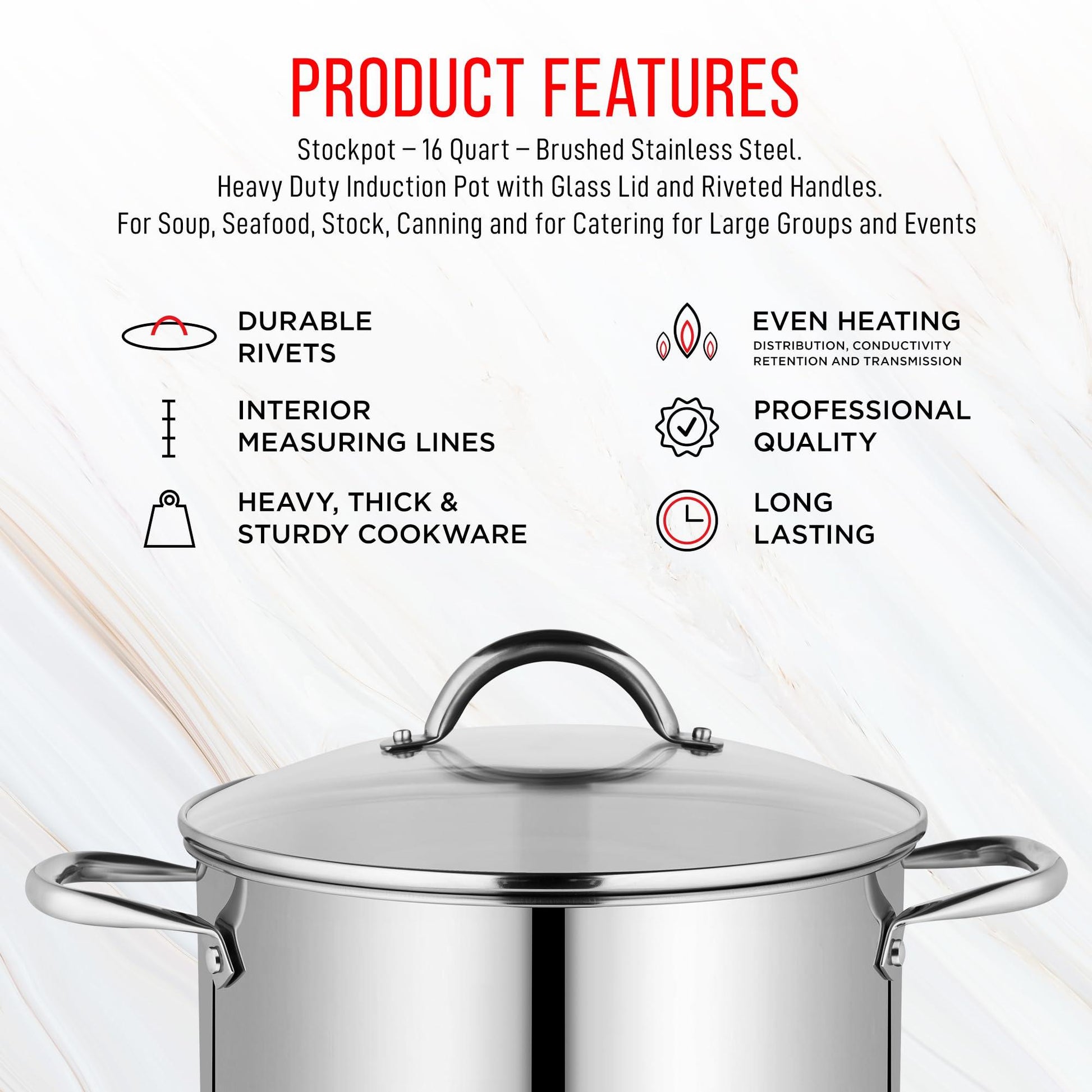Bakken-Swiss Deluxe 16-Quart Stainless Steel Stockpot w/Tempered Glass See-Through Lid - Simmering Delicious Soups Stews & Induction Cooking - Exceptional Heat Distribution - Heavy-Duty & Food-Grade - CookCave