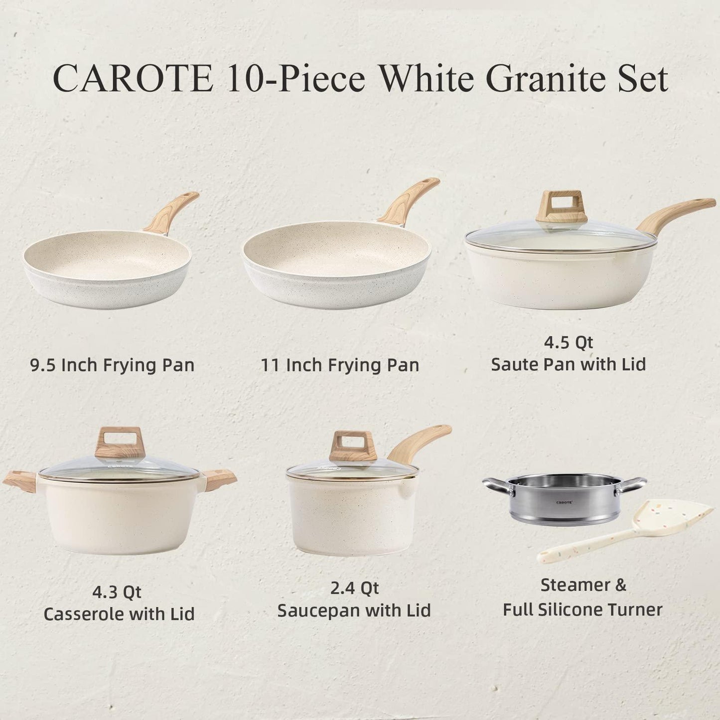 CAROTE Pots and Pans Set Nonstick, White Granite Induction Kitchen Cookware Set, 10 Pcs Non Stick Cooking Set w/Frying Pans & Saucepans(PFOS, PFOA Free) - CookCave