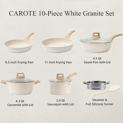 CAROTE Pots and Pans Set Nonstick, White Granite Induction Kitchen Cookware Set, 10 Pcs Non Stick Cooking Set w/Frying Pans & Saucepans(PFOS, PFOA Free) - CookCave