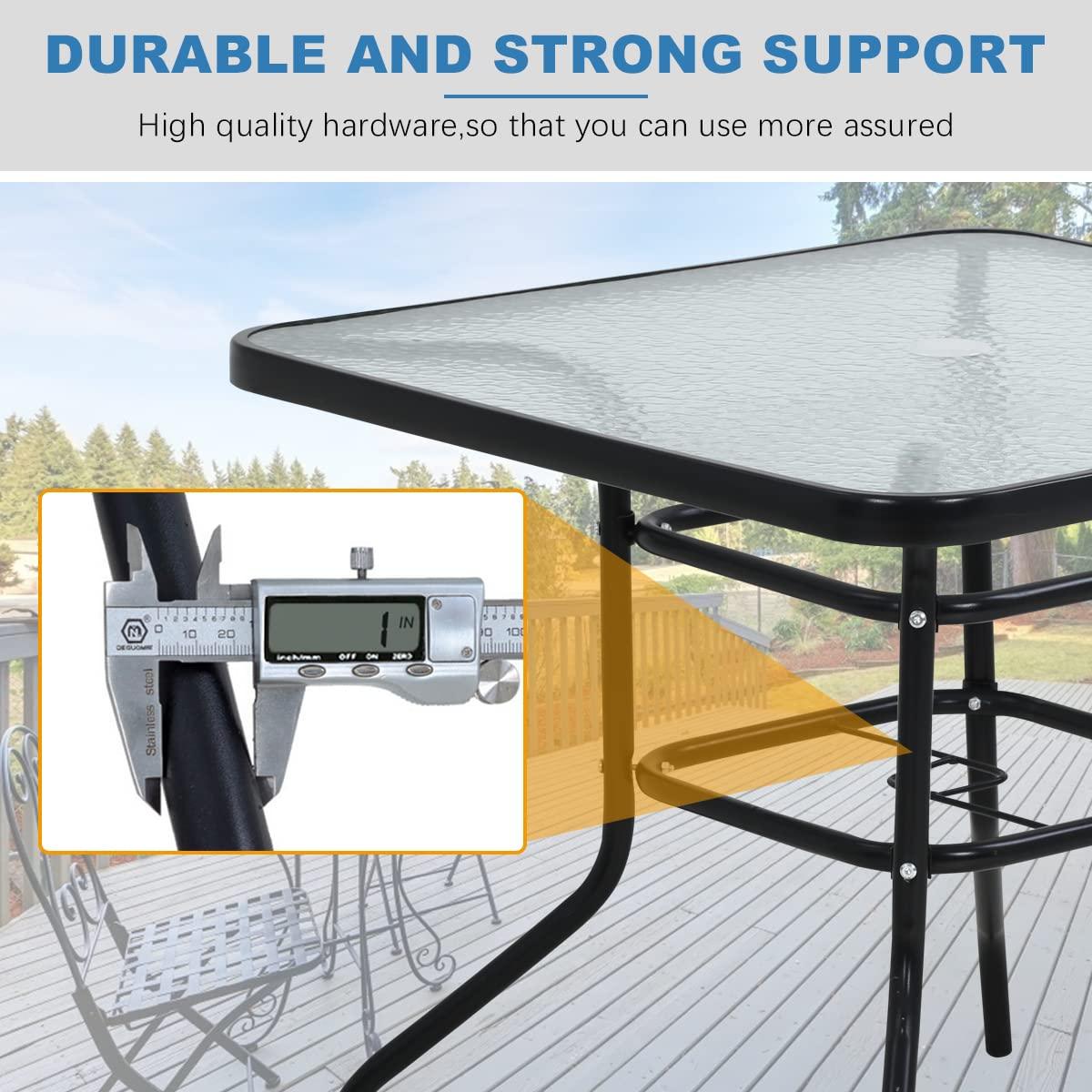 Dlewmsyic Outdoor Dining Table with Umbrella Hole, Patio Dining Table 32 inches Square Tempered Glass Metal Table Dining Bistro Table Furniture Set for Balcony, Backyard, Poolside, Sunroom, Black - CookCave