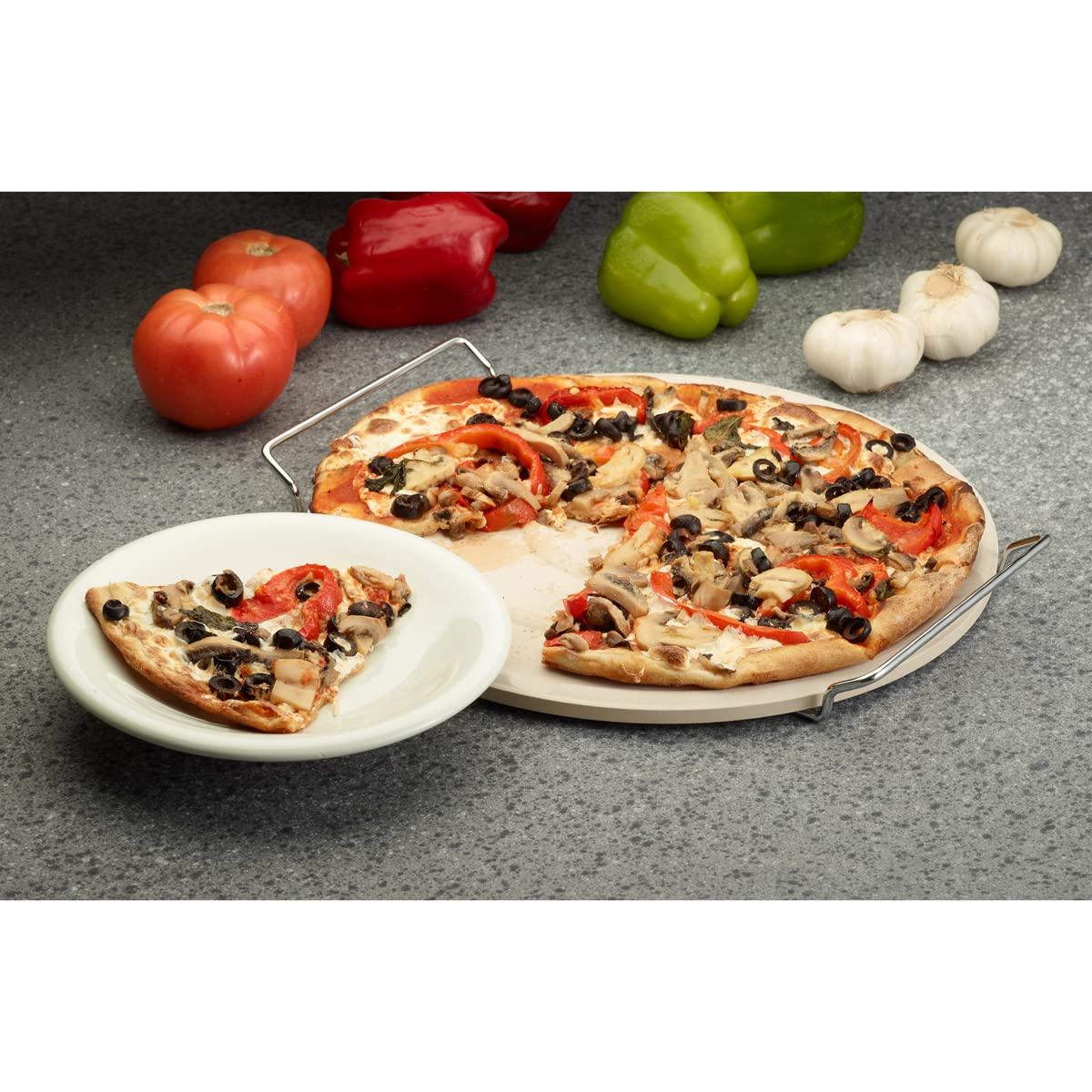 Fante's HIC Pizza Baking Stone with Serving Rack, Natural Ceramic Stoneware, 13" - CookCave