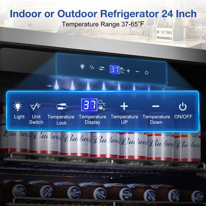Tylza Outdoor Refrigerator 24 Inch Wide, Stainless Steel Beverage Refrigerator 176 Can for Undercounter Built-in or Freestanding, for Home and Patio, Water Proof, Fast Cooling, Low Noise, 37-65 °F - CookCave