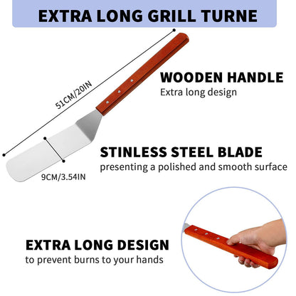 2 Pieces BBQ Extra Long Grill Turner and Grill Spatula, Stainless Steel Barbecue Grilling Accessories, Slotted Spatula and Solid Kitchen Spatula with Wooden Handle, 20 Inch - CookCave