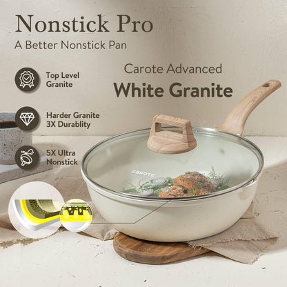 CAROTE 12Inch Nonstick Deep Frying Pan with Lid, 5.5 Qt Jumbo Cooker Saute Pan with Pour Spout, Skillet Induction Cookware, Non Stick Cooking Pan Kitchen Pan PFOA Free, White Granite - CookCave