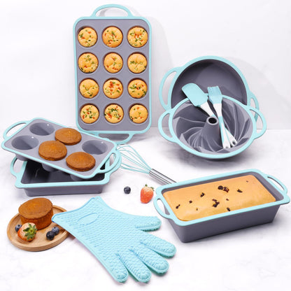 Silicone Bakeware Sets, 10in1 Silicone Baking Pans Set, Baking Set, Bundt Cake Pan Set Muffin Pan with Silicone Spatulas Pastry Brush Oven Mitts Whisk, Silicone Baking Pan Set for Cheesecake (Blue) - CookCave