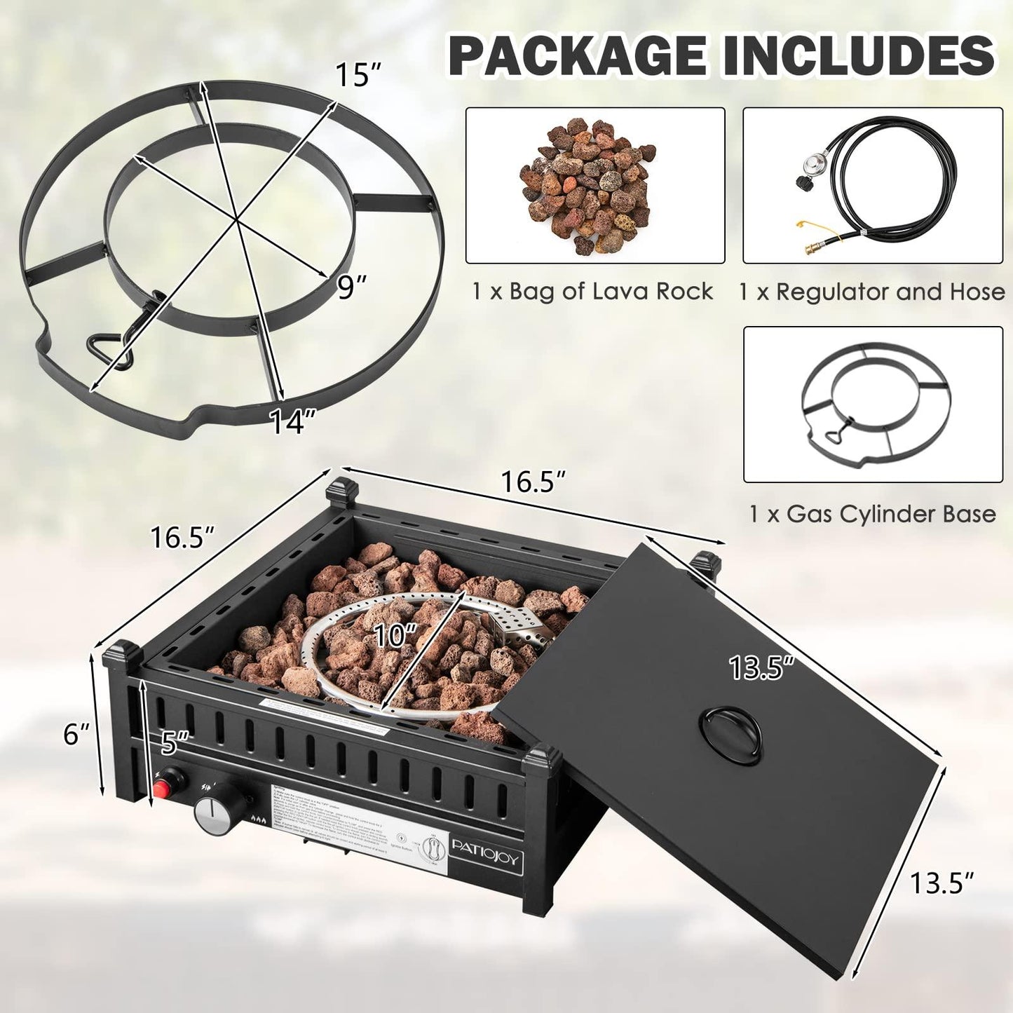 Tangkula Portable Tabletop Propane Fire Pit, Patiojoy 40,000 BTU Table Top Fireplace with Simple Ignition System, Adjustable Flame, Square Propane Firepit Bowl for Outdoors, Fit 2” Umbrella Hole Table - CookCave