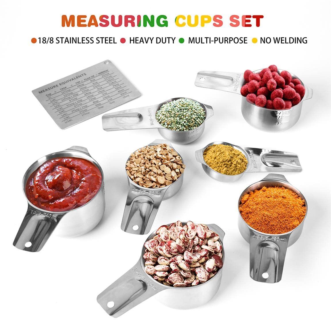 Measuring Cups Set and Magnetic Measuring Spoons Set,QtoiKce 18/8 Stainless Steel 7 Measure Cups and 7 Magnetic Measure Spoons,1 Leveler & 1 Conversion Chart for Dry and Liquid Ingredient - CookCave