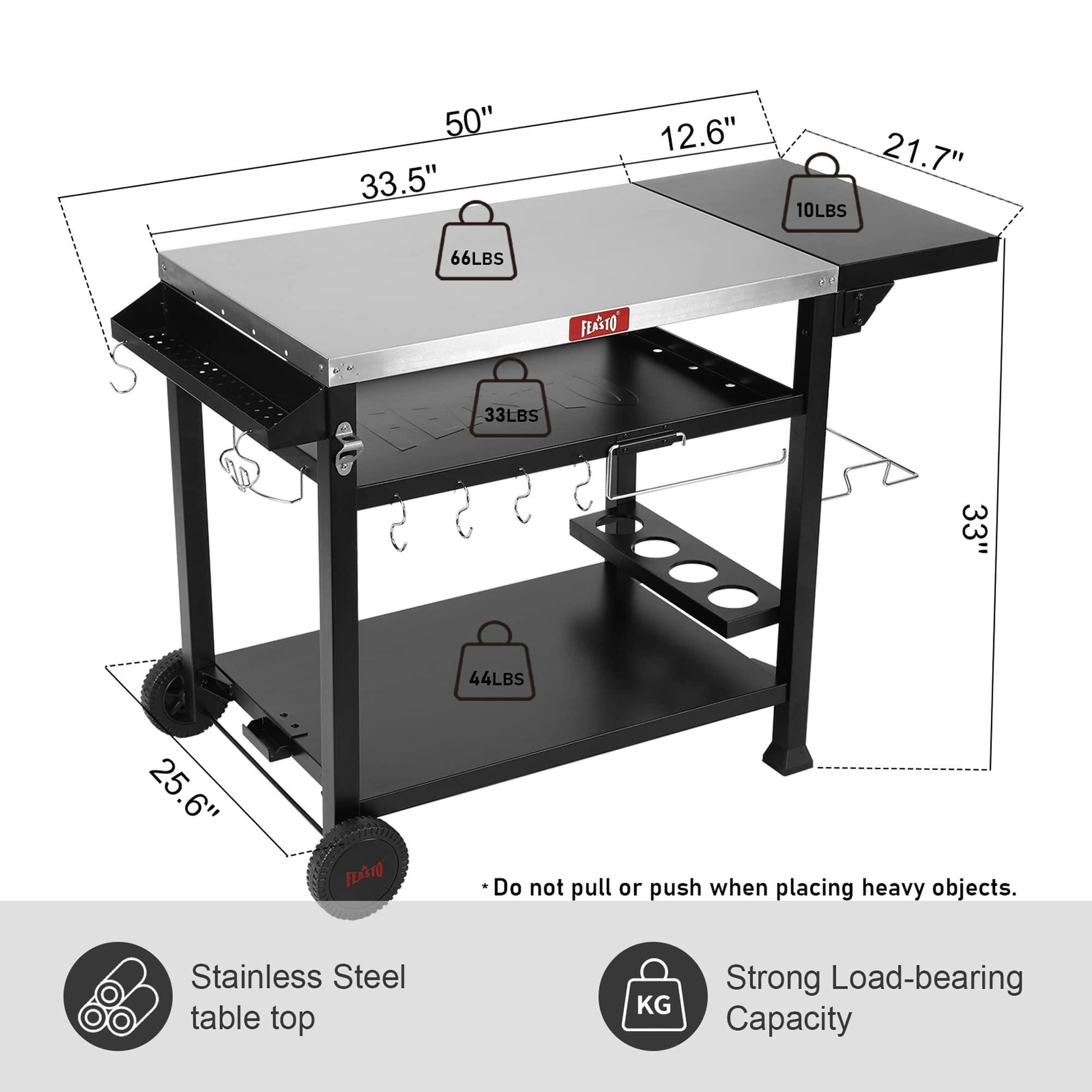 Feasto 3-Shelf Movable Outdoor Prep Table, Pizza Oven Table, BBQ Grilling Table,Grill Cart with Side Table, Home & Outdoor Stainless Steel Table Top Grill Table on 2 Wheels, L50 xW21.7 xH33 - CookCave