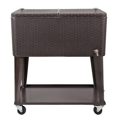 80 Quart Qt Rolling Cooler Ice Chest Cart for Outdoor Patio Deck Party, Dark Brown Wicker Faux Rattan Tub Trolley, Portable Backyard Party Drink Beverage Bar, Wheels with Shelf & Bottle Opener - CookCave