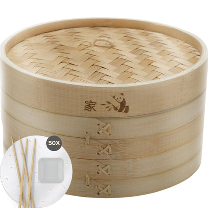 Prime Home Direct Bamboo Steamer Basket 10-inch | 2-Tier Steamer for Cooking | 50 Liners, Chopsticks & Sauce Dish | Dumpling Steamer, Food Steamer Baskets for Cooking - Rice & Vegetable Steamer Pot - CookCave