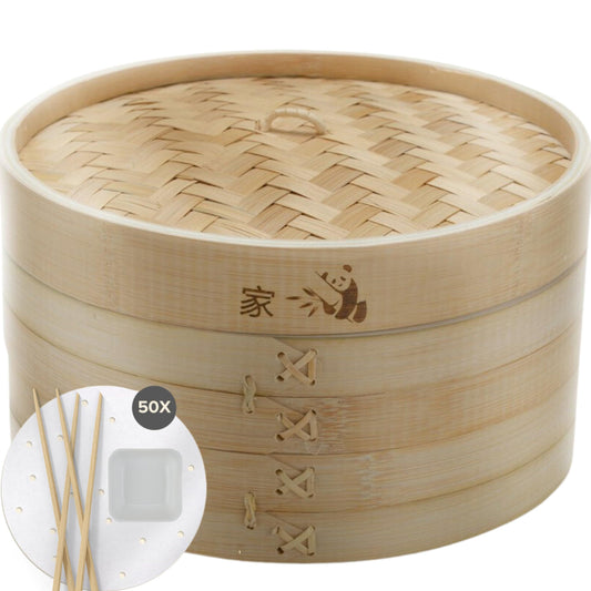 Prime Home Direct Bamboo Steamer Basket 10-inch | 2-Tier Steamer for Cooking | 50 Liners, Chopsticks & Sauce Dish | Dumpling Steamer, Food Steamer Baskets for Cooking - Rice & Vegetable Steamer Pot - CookCave